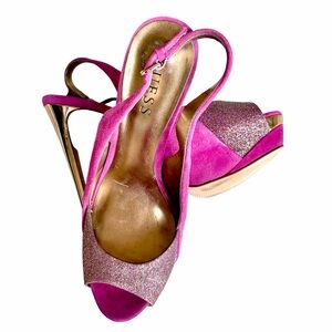 GUESS Hot Pink Glitter Peep-Toe Slingback Heels